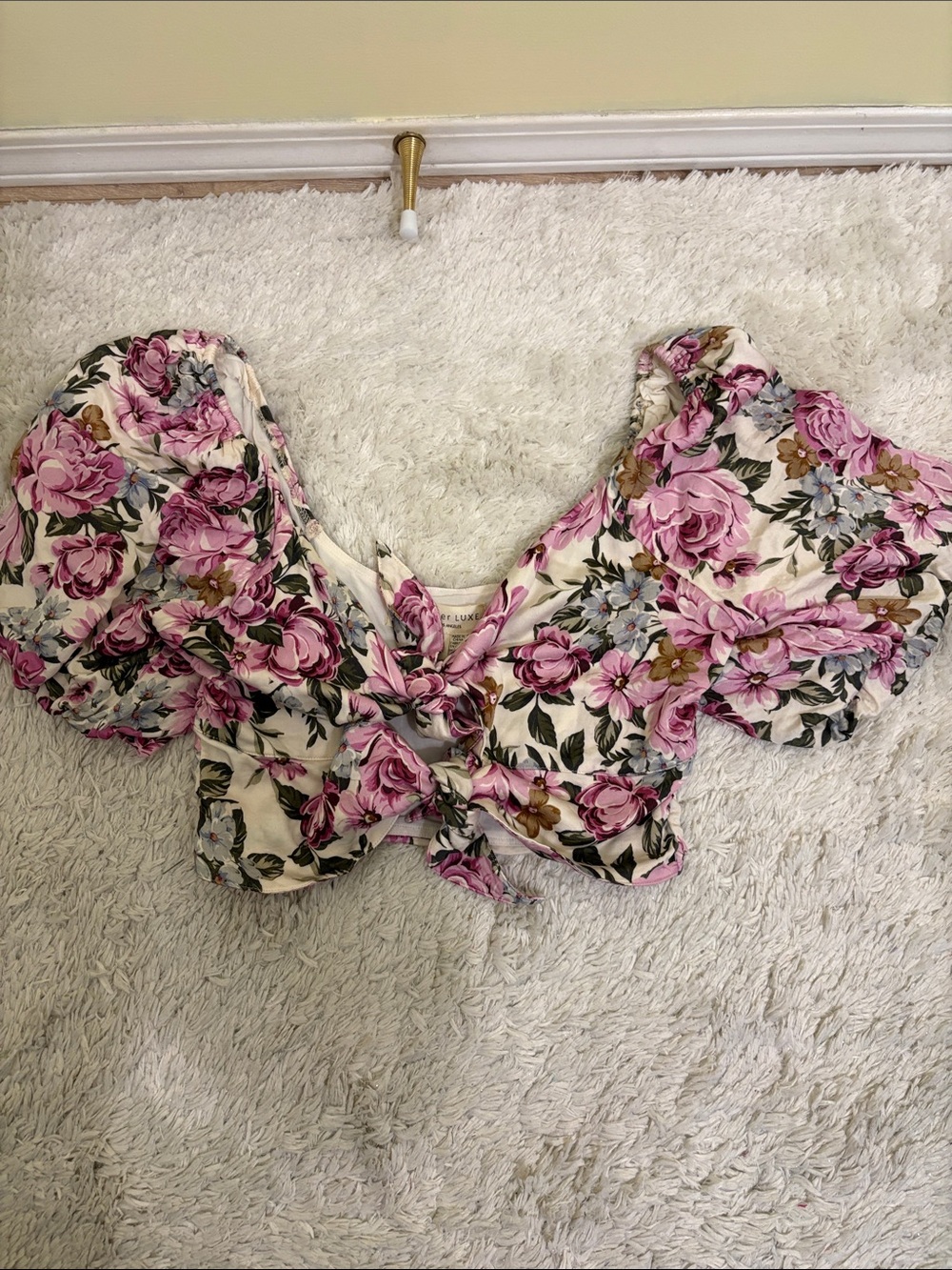 Floral Tie-Front Puff Sleeve Crop Top - Cream & Pink